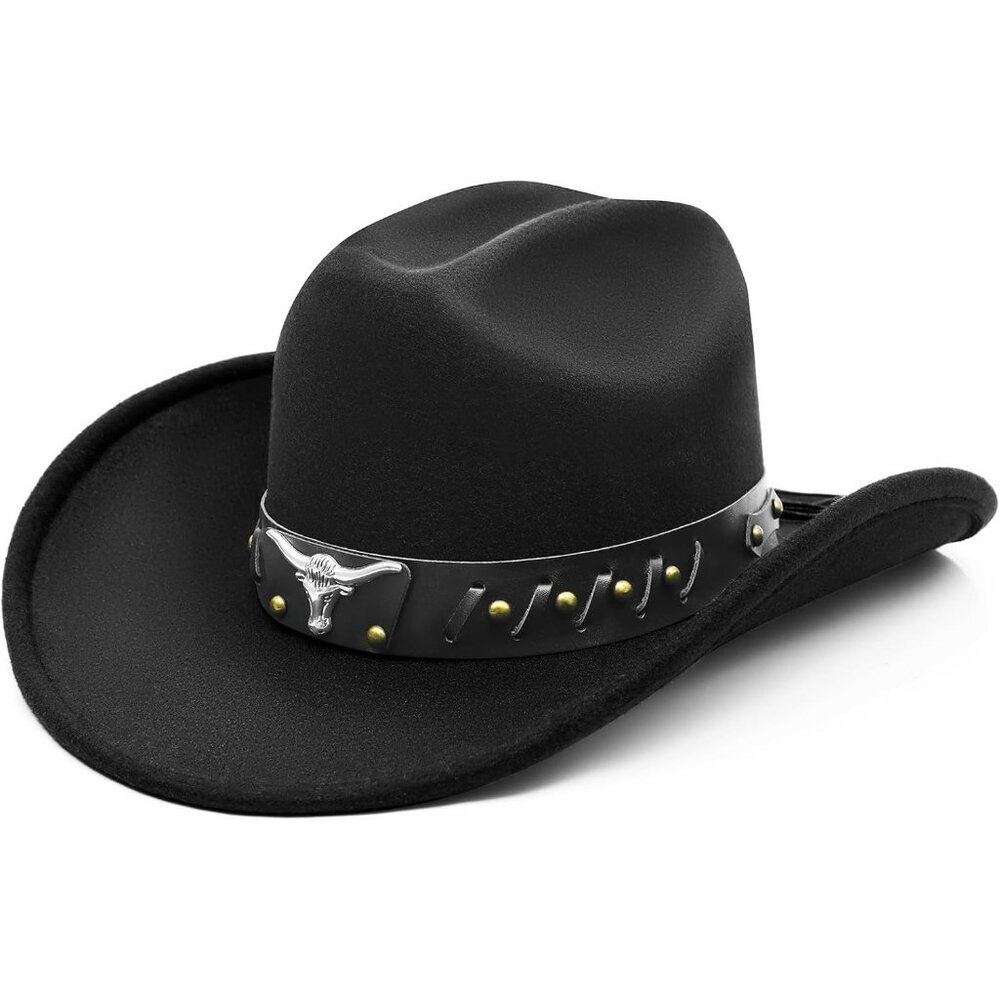 Unisex Black 100% Polyester Western Bull Skull Band Classic Fedora Cowboy Hat